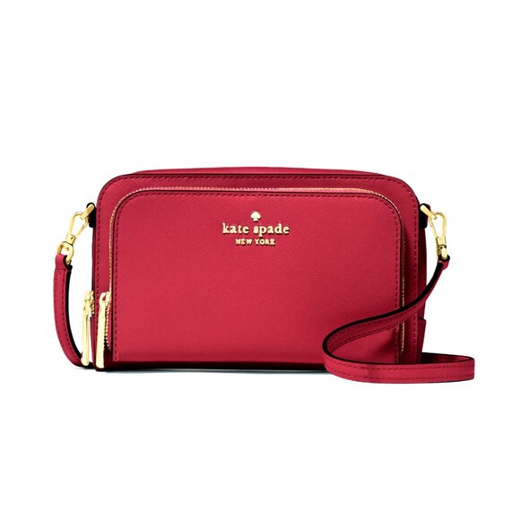New Kate Spade Staci Dual Zip Around Crossbody Saffiano Leather Red Jam - Picture 3 of 4